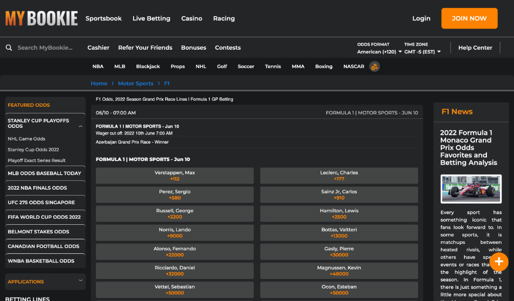 mybookie formula 1 betting odds